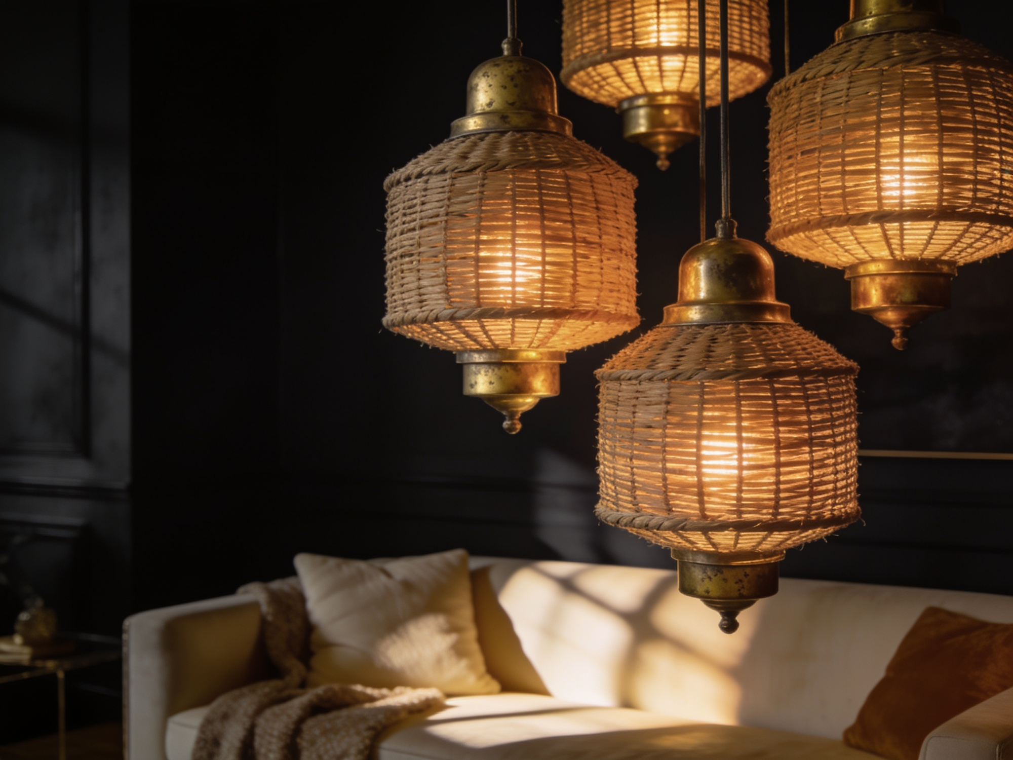 Luminaires Héléa — suspensions en rotin et laiton dans un intérieur dark-luxury