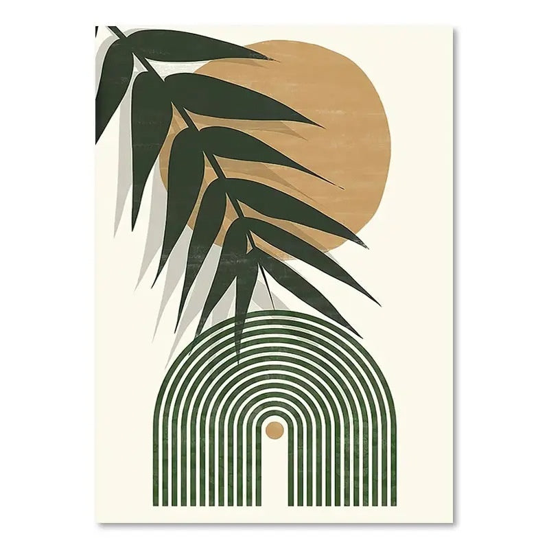 Affiche botanique Héléa au motif de feuillages et soleil, verts profonds et ocres, imprimée sur toile